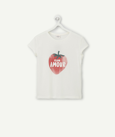 Girl radius - GIRLS' WHITE T-SHIRT IN RECYCLED FIBERS WITH A STRAWBERRY PRINT