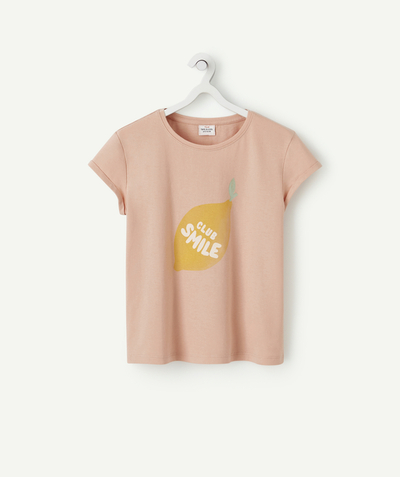 T-shirty - Koszulki Rayon - RÓŻOWY T-SHIRT DLA DZIEWCZYNKI Z BAWEŁNY Z RECYKLINGU Z NAPISEM I CYTRYNKĄ