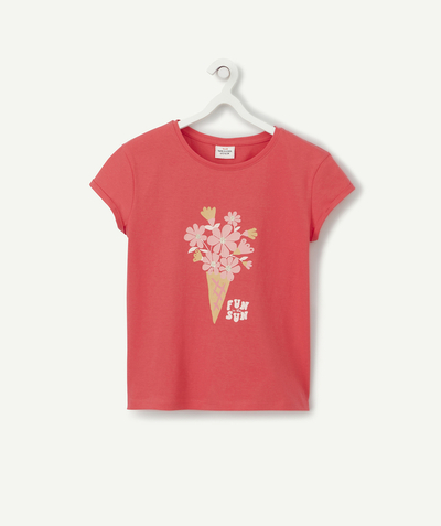Tee-shirt radius - GIRLS' RED T-SHIRT WITH A FLOCKED BOUQUET OF FLOWERS