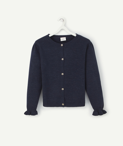 Girl radius - GIRLS' NAVY SPARKLING KNITTED CARDIGAN WITH RUFFLES AT THE WRISTS