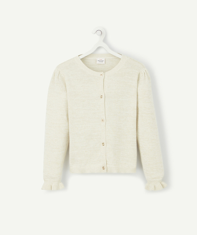 Girl radius - GIRLS' KNITTED CARDIGAN IN BEIGE AND GOLD COLOR WITH RUFFLES AT THE WRISTS