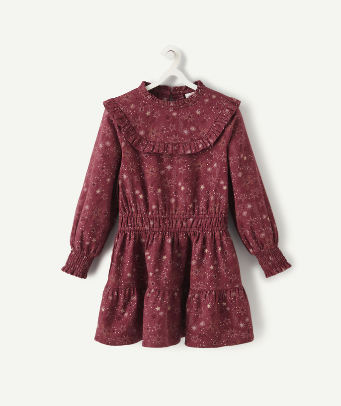 Party outfits Tao Categories - GIRLS' DRESS IN PLUM COTTON WITH A STAR PRINT