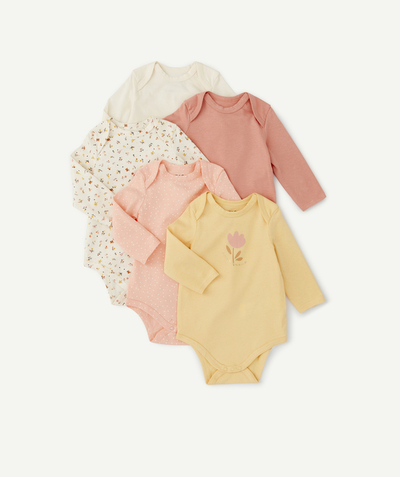 Essentials : 50% off 2nd item* family - PACK OF FIVE BABY GIRLS' BODYSUITS IN ORGANIC COTTON WITH PINK AND ORANGE PRINTS