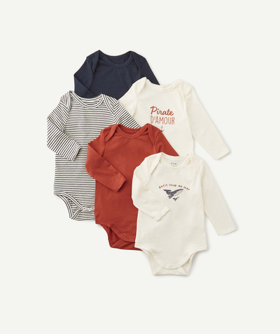 Essentials : 50% off 2nd item* family - PACK OF FIVE RED AND BLUE ORGANIC COTTON BODYSUITS