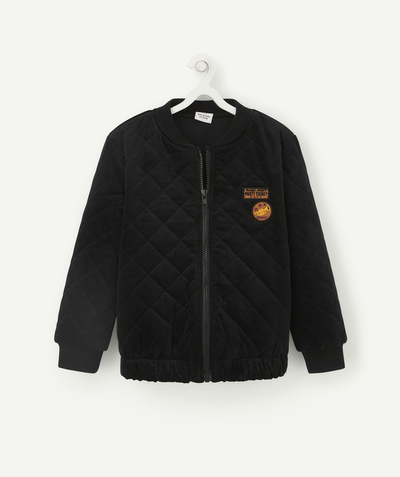 Coat - Padded jacket - Jacket radius - BOYS' BLACK PADDED AND ZIPPED VELVET EFFECT BOMBER JACKET