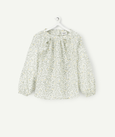 Shirt - polo Tao Categories - BABY GIRLS' GREEN AND YELLOW FLOWER-PATTERNED COTTON BLOUSE WITH RUFFLES