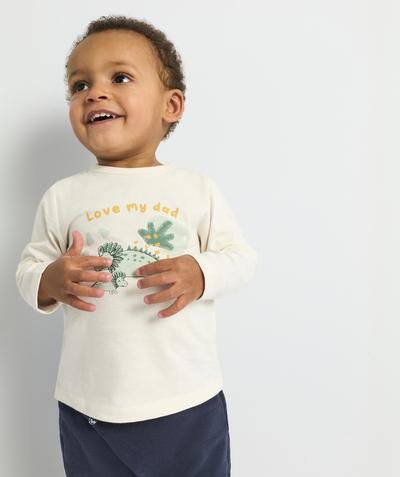 Fête des parents Tao Categories - BABY BOYS' T-SHIRT IN WHITE RECYCLED FIBERS WITH DINOSAURS