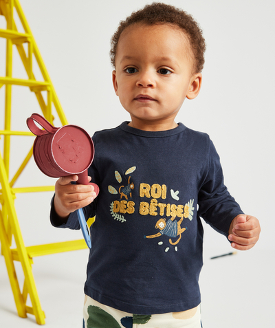 Baby-boy radius - BABY BOYS' T-SHIRT IN RECYCLED FIBERS WITH A MESSAGE AND MONKEYS