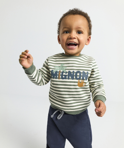 Pullover - Sweatshirt Tao Categories - BABY BOYS' GREEN AND WHITE STRIPED SWEATSHIRT IN RECYCLED FIBERS