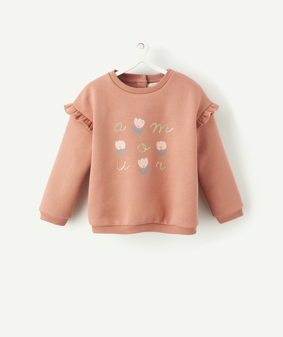 Pullover - Sweatshirt radius - BABY GIRLS' OLD ROSE SWEATSHIRT IN RECYCLED FIBRES WITH A FLOCKED MESSAGE