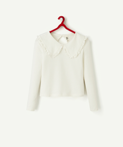 Original days Sub radius in - GIRLS' WHITE T-SHIRT WITH A FEATHERED EFFECT AND PETER PAN COLLAR