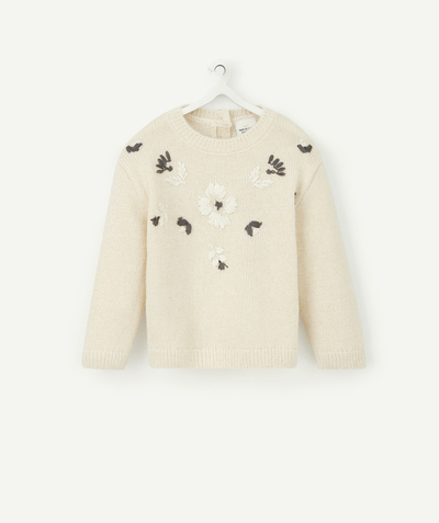 Pullover - Sweatshirt radius - BABY GIRLS' SPARKLING CREAM KNITTED JUMPER WITH EMBROIDERED FLOWERS