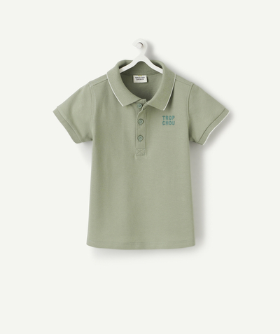 Shirt - polo Tao Categories - BABY BOYS' POLO SHIRT IN GREEN COTTON WITH AN EMBROIDERED MESSAGE