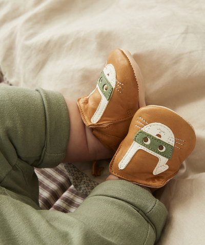 Booties - hat - mittens radius - CAMEL LEATHER SLIPPERS WITH RABBITS