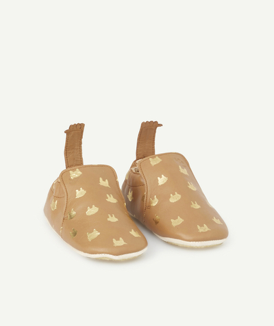 Shoes radius - CAMEL LEATHER SLIPPERS WITH GOLD COLOR CAT PRINT