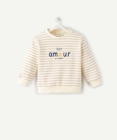 Clothing radius - CREAM AND BEIGE STRIPED SWEATSHIRT IN RECYCLED FIBRES WITH A MESSAGE