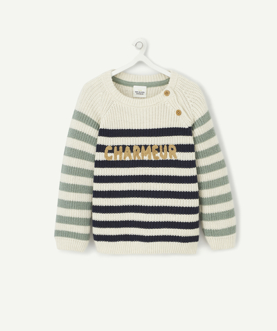 Baby-boy radius - BEIGE, BLUE AND GREEN STRIPED KNITTED JUMPER WITH A MESSAGE