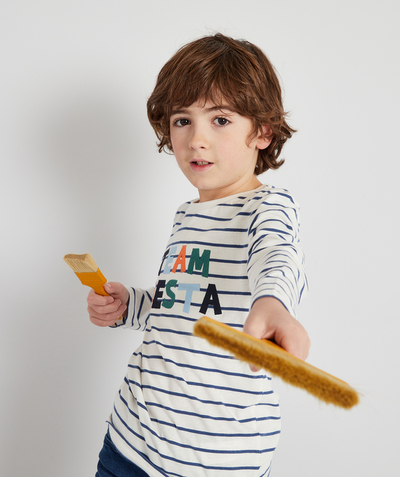 Original Days radius - BOYS' T-SHIRT IN RECYCLED FIBERS WITH STRIPES AND AN EMBROIDERED MESSAGE