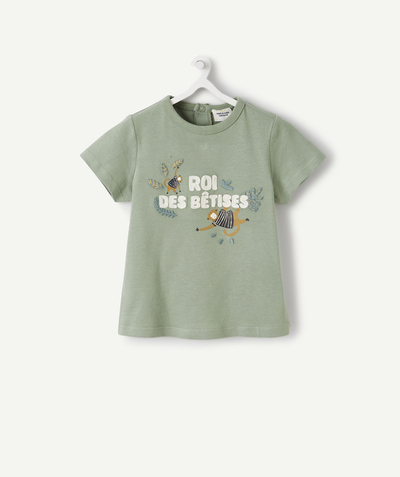 Baby-boy radius - BABY BOYS' GREEN RECYCLED FIBERS T-SHIRT WITH A MESSAGE AND MONKEYS