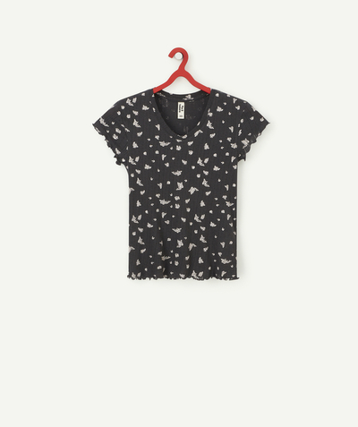 Original days Sub radius in - GIRLS' BLACK OPENWORK T-SHIRT IN RECYCLED FIBERS WITH A FLORAL PRINT