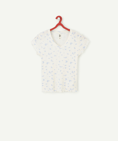 Tee-shirt radius - GIRLS' OPENWORK T-SHIRT IN WHITE RECYCLED FIBERS WITH A FLORAL PRINT