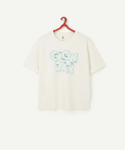 90' trends Tao Categories - GIRLS' OVERSIZED T-SHIRT IN CREAM RECYCLED COTTON WITH A MESSAGE