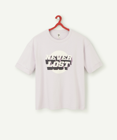 T-shirty - Koszulki Sous Rayon - T-SHIRT OVERSIZE DLA DZIEWCZYNKI Z BAWEŁNY Z RECYKLINGU FIOLETOWY Z NAPISEM