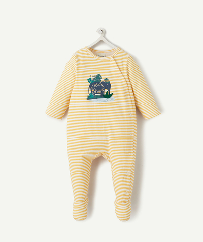 All collection radius - YELLOW STRIPED ORGANIC COTTON SLEEP SUIT WITH AN ELEPHANT DESIGN