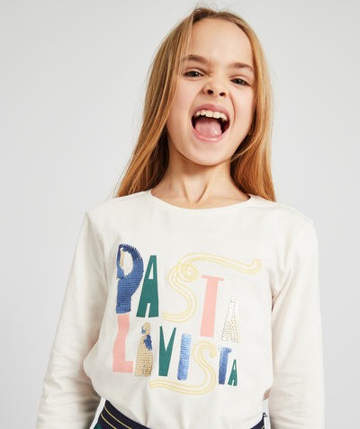 ECODESIGN radius - GIRLS' T-SHIRT IN CREAM RECYCLED FIBRES WITH A PASTA MESSAGE AND SEQUINS