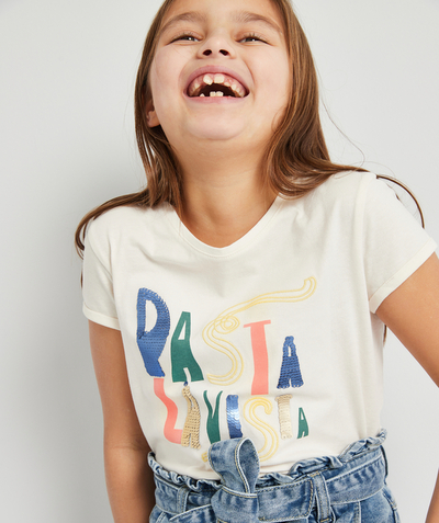 Girl radius - GIRLS' T-SHIRT IN CREAM RECYCLED FIBERS WITH A PASTA THEME AND SEQUINS