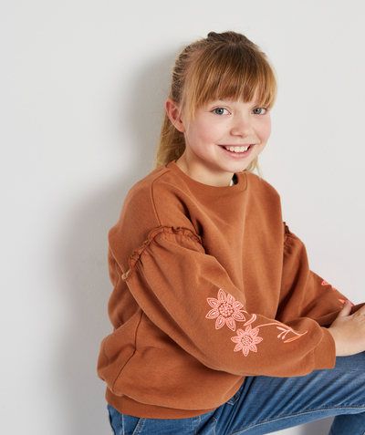 Outlet radius - GIRLS' BROWN SWEATSHIRT IN RECYCLED FIBERS WITH EMBROIDERY