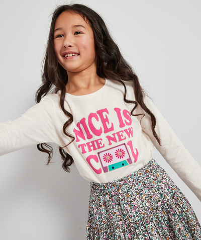 90' trends radius - GIRLS' RECYCLED COTTON T-SHIRT CREAM WITH A PINK MESSAGE