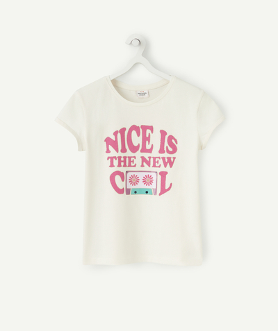 Tee-shirt radius - GIRLS' T-SHIRT IN CREAM RECYCLED FIBERS WITH A MESSAGE