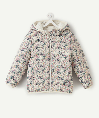 Coat - Padded jacket - Jacket radius - GIRLS' WHITE PADDED JACKET IN RECYCLED PADDING WITH A FLORAL PRINT