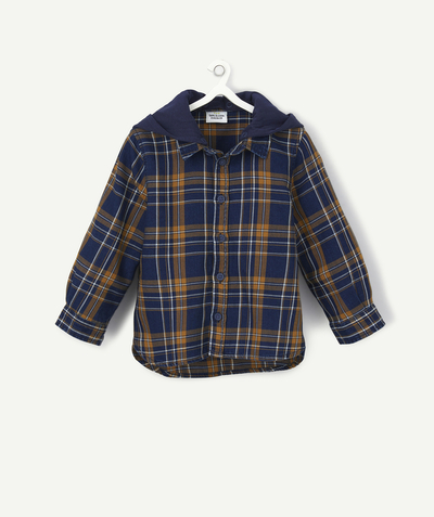 Shirt and polo radius - BLUE AND CAMEL CHECKED SHIRT WITH A REMOVABLE HOOD