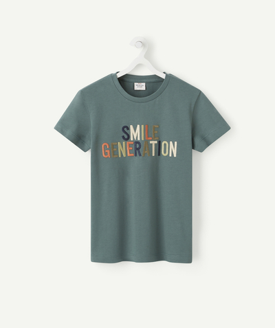 T-shirt  Rayon - T-SHIRT GARÇON EN COTON BIOLOGIQUE VERT ET AU MESSAGE BRODÉ