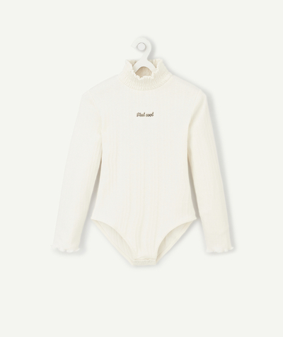 Checked print looks radius - CREAM RIBBED TURTLENECK BODY WITH A MESSAGE