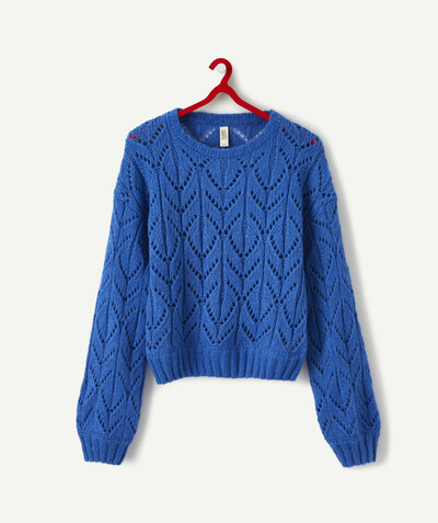 Swetry - Bluzy rozpinane Sous Rayon - NIEBIESKI DZIANINOWY SWETER Z BUFIASTYMI RĘKAWAMI
