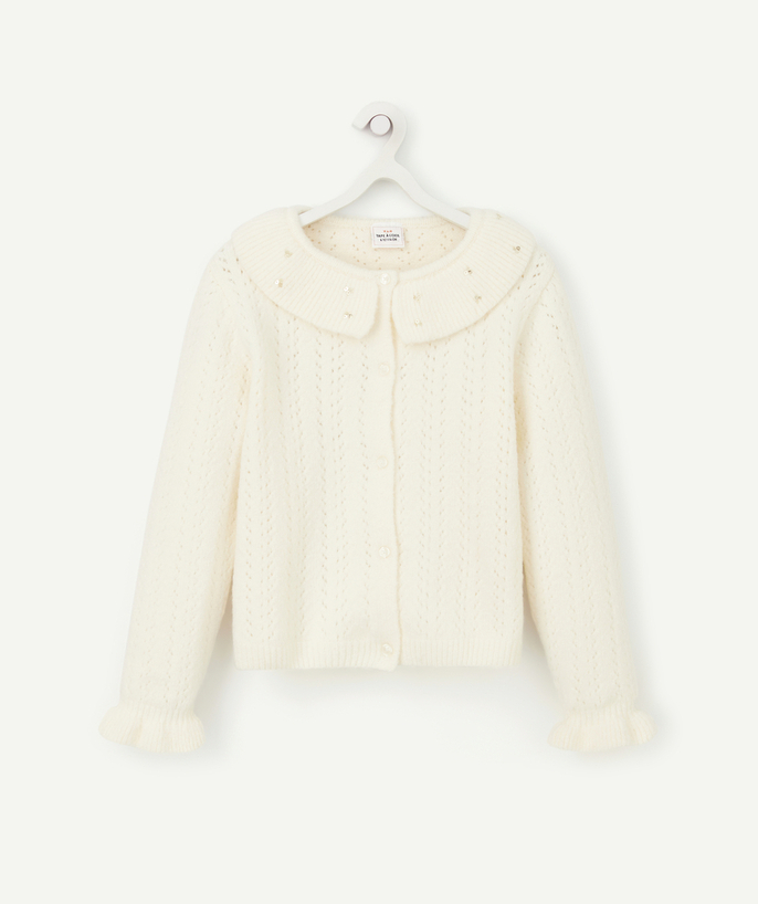 Party outfits Tao Categories - GIRLS' CREAM OPENWORK CARDIGAN WITH A PETER PAN COLLAR AND SEQUINS
