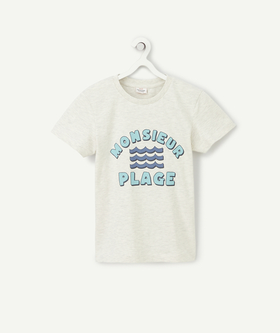 T-shirt  radius - BOYS' GREY MARL COTTON T-SHIRT WITH A MONSIEUR PLAGE MESSAGE