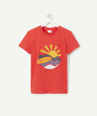 Basics radius - BOYS' T-SHIRT IN RED ORGANIC COTTON WITH A SURF THEME