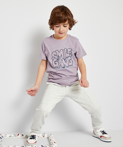 T-shirt  radius - BOYS' MAUVE T-SHIRT IN ORGANIC COTTON WITH A FLOCKED MESSAGE