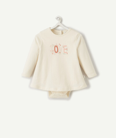 Sales radius - CREAM TWO-IN-ONE T-SHIRT BODYSUIT IN ORGANIC COTTON WITH A LOVE MESSAGE