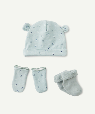 MATERNITY BAG Tao Categories - GREEN NEWBORN HAT AND GLOVES AND SOCKS SET IN ORGANIC COTTON