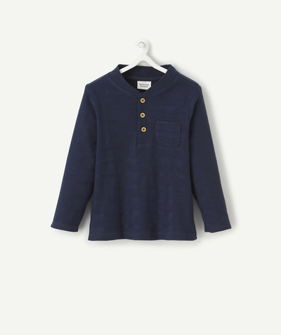 Shirt - polo Tao Categories - BABY BOYS' BLUE POLO SHIRT IN ORGANIC COTTON WITH A GRANDAD COLLAR