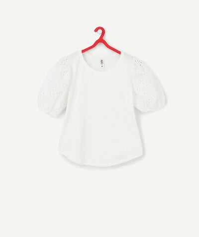 Girl radius - WHITE COTTON T-SHIRT WITH BRODERIE ANGLAISE SLEEVES