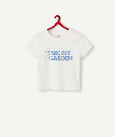 Teen girls' clothing Tao Categories - WHITE ORGANIC COTTON T-SHIRT WITH BLUE MESSAGE