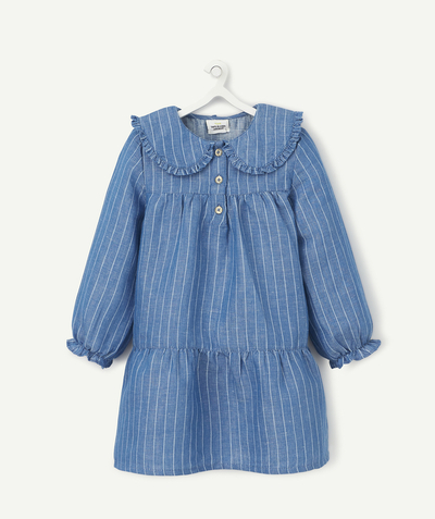 Total denim look radius - BLUE STRIPED COTTON AND LINEN DRESS WITH PETER PAN COLLAR