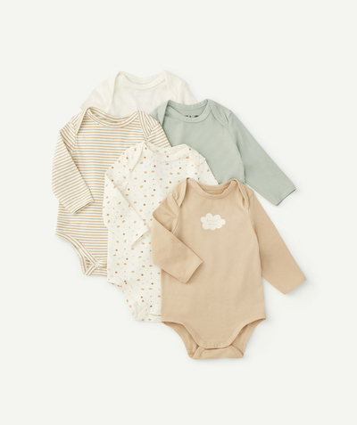 Essentials : 50% off 2nd item* family - PACK OF FIVE ORGANIC COTTON BODYSUITS IN BEIGE AND CREAM
