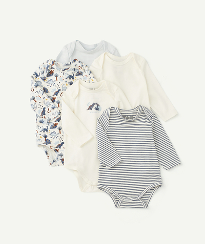 All collection radius - PACK OF FIVE BLUE AND WHITE RECYCLED COTTON BODYSUITS WITH A DINOSAUR THEME